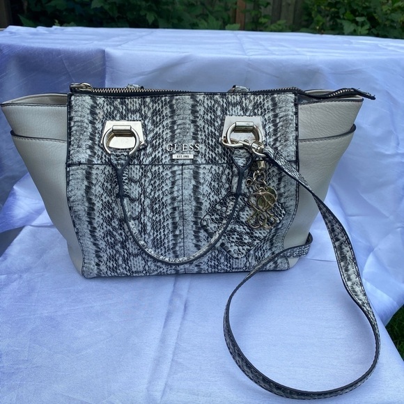 Guess Lakeshore Collection Handbag  Python Texture Beige and Black - Picture 3 of 14